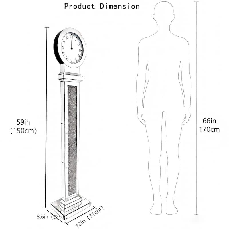59 Inch Tall Mirrored Standing Clock with Crushed Diamond Inlay