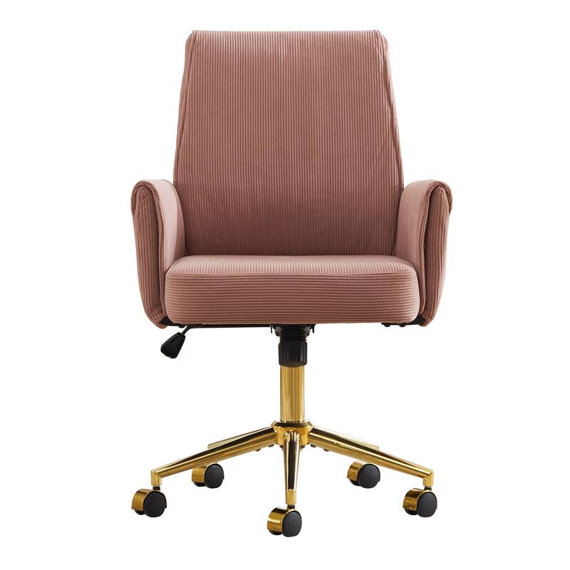 Corduroy Swivel Office Chair with Wheels, Ergonomic High Back Task Chair, Upholstered Accent Chair with Adjustable Height - Light Pink
