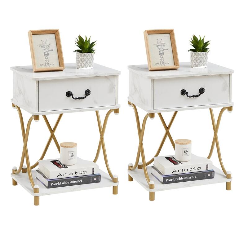 VECELO Modern Mid Century Nightstands Set of 2 End Table with 1-Drawer and Storage Shelf for Bedroom and Living Room - White-Gold