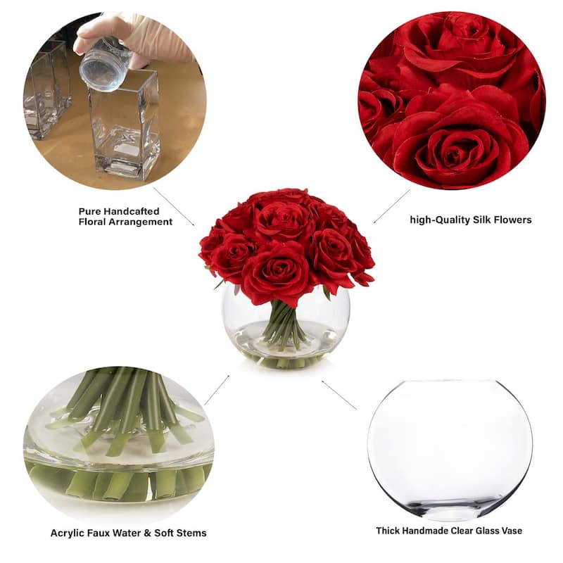 Enova Home 16 Heads Artificial Silk Rose Flowers in Round Glass Vase With Faux Water For Home Wedding Decoration