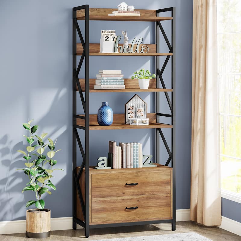 70.8" Bookshelf with 2 Drawers and open shelves, Industrial Bookcase with 2 Drawers - Rustic Brown+Black