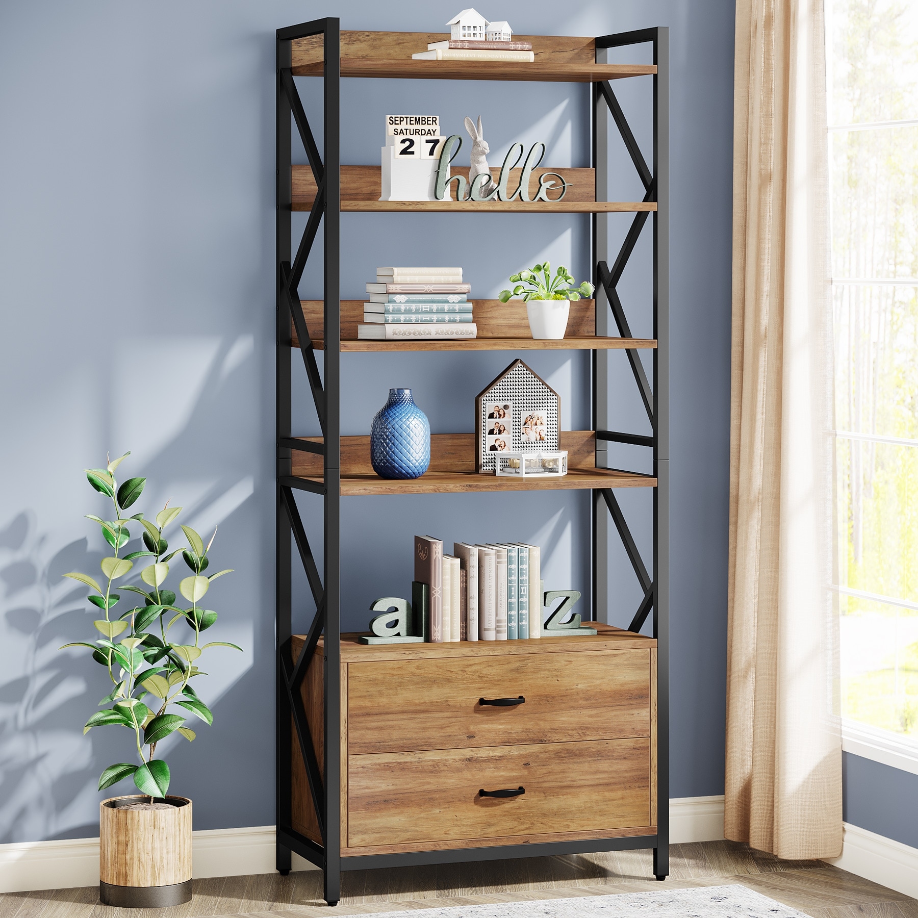 70.8" Bookshelf with 2 Drawers and open shelves, Industrial Bookcase with 2 Drawers