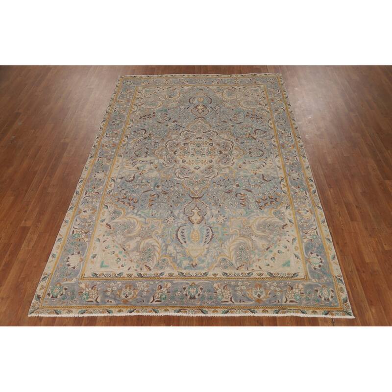 Blue Floral Tabriz Persian Rug Handmade Traditional Wool Carpet - 6'7"x 9'7"