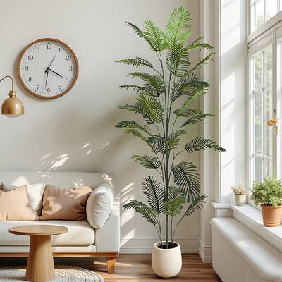 86 Inch Artificial Palm Tree in Pot Green Polyester Fronds Tropical Indoor Decor Some Assembly Required