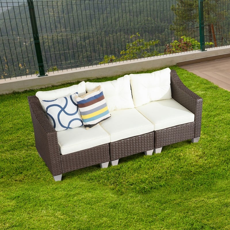 Patio Festival Wicker Loveseat Sofa with Off-White Cushions - 3-Piece