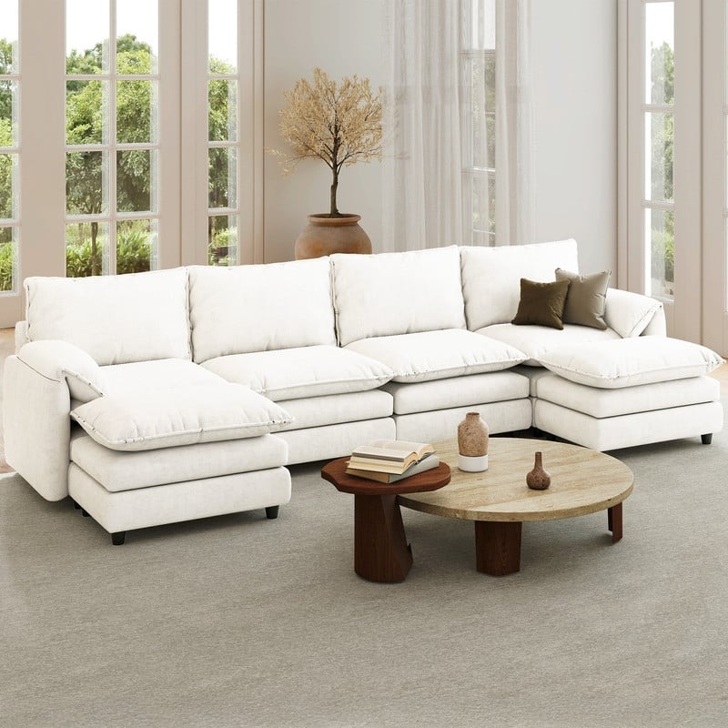 Moasis 142 Inch Modular Velvet Sectional Sofa with Movable Ottoman and Pillow Armrest for Living Room