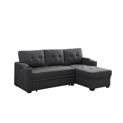 Mabel 83-inch Dark Gray Sleeper Sectional Sofa with Cup Holder, USB Charging Port, and Pocket - 83"W x 54"D x 35"H