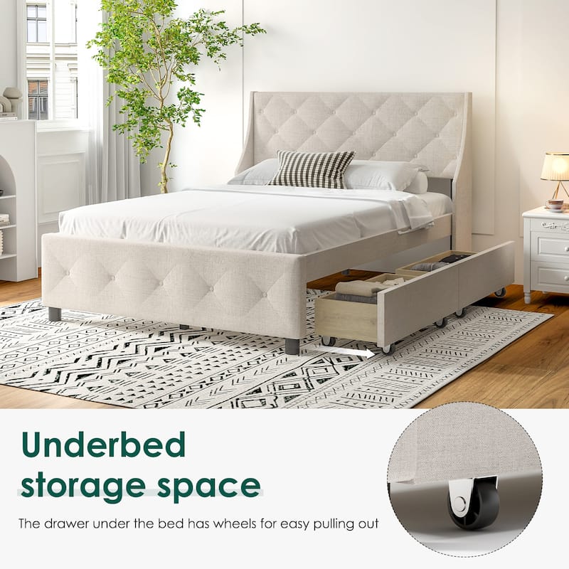 Queen Size Metal Platform Bed with Storage Headboard, Silent Mattress Foundation, No Box Spring Needed