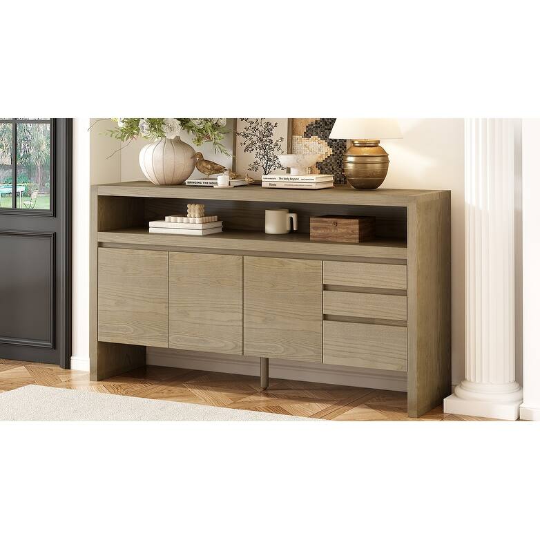 60" 3-Door Sideboard with 3 Drawers-Ash Veneer MDF Sideboard,Semi-Open Shelf，Center Semi-Circular Cutout,Storage Cabinet