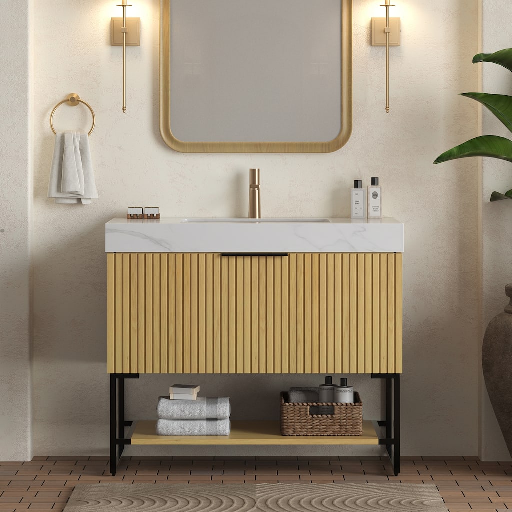 GDFStudio - Yolan 36" Freestanding Bathroom Vanity with Drawer & Open Shelf, Corolla Oak Finish & Ceramic Basin