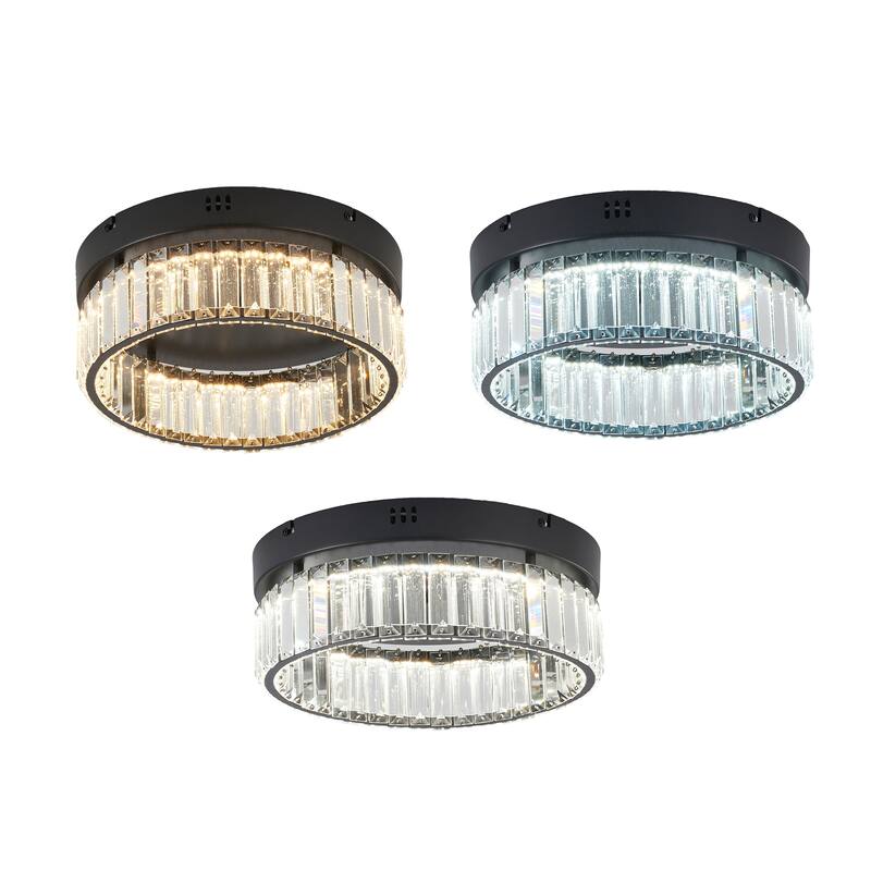 1-Light Black Dimmable LED Flush Mount With Clear Crystals