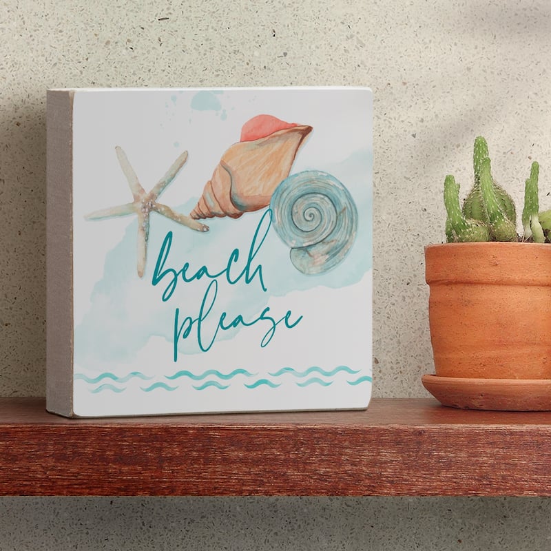Wood Block Décor Message Beach Please Sign, 3.75 inches Square, Made in The USA - Multi-2