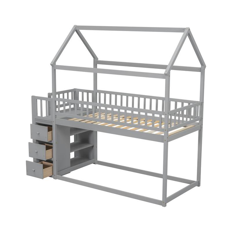 Twin House Bunk Bed with Roof, Storage Shelves, and Drawers for Kids.