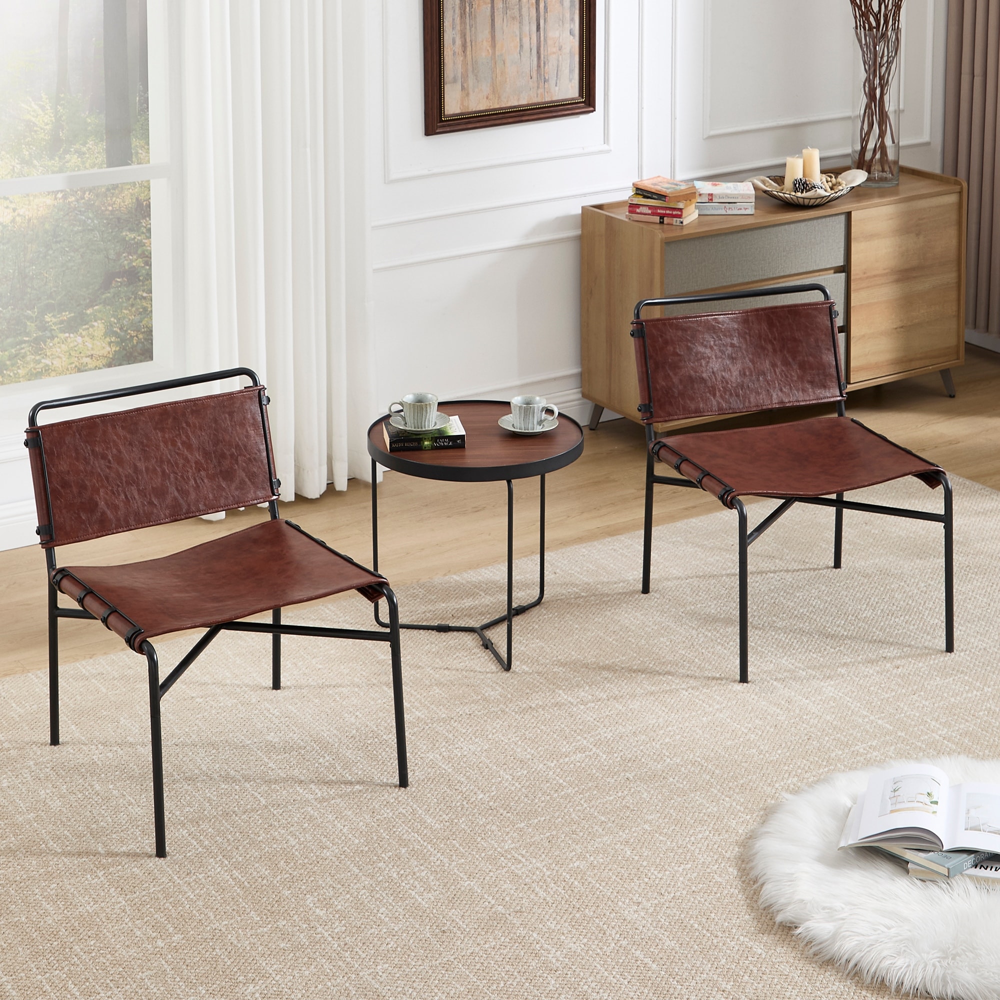 Retro Leather Leisure Chair 2-piece Set, Modern Antique Leisure Chair Black Metal Leg Retro Armless Leisure Chair