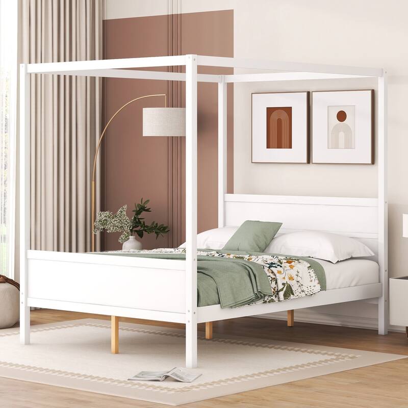 Wooden Queen Size Canopy Bed with Headboard and Footboard, Four Poster Platform Bed, Solid Pine Queen Canopy Bed Frame