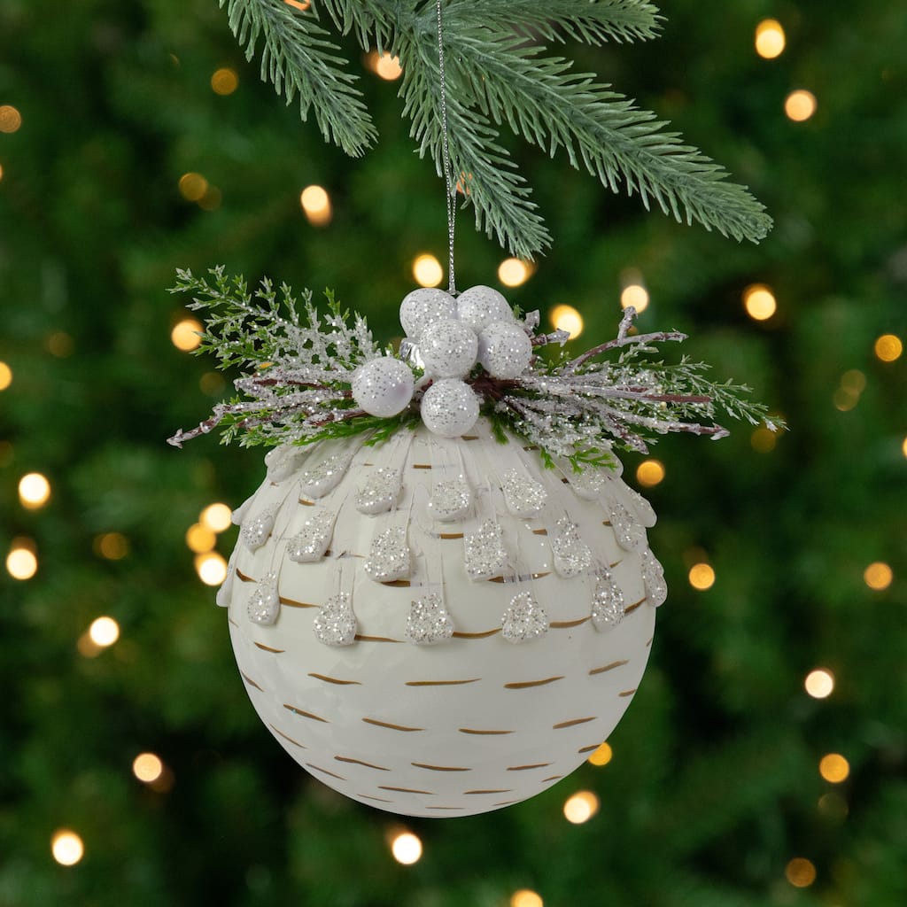 4" Cedar and Berries White Glass Christmas Ornament