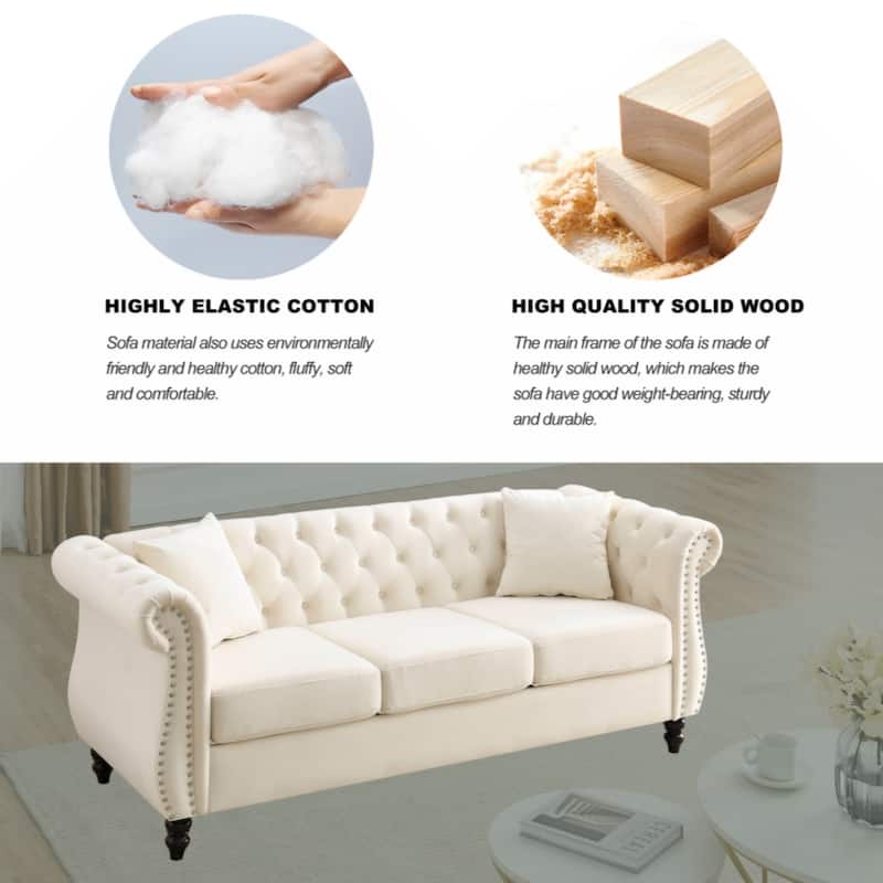 80" Chesterfield Sofa Grey Velvet for Living Room, 3 Seater Sofa Tufted Couch with Rolled Arms and Nailhead