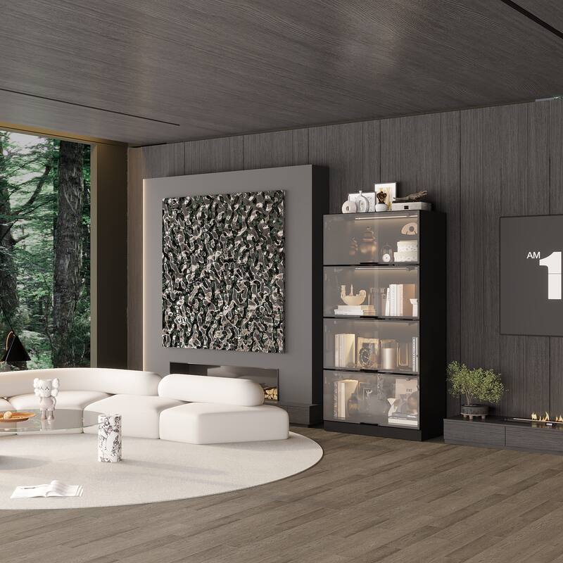 63"H 4-Tier Tall Bookshelf Bookcase with Glass Doors and LED Light