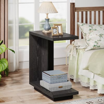 C-Shaped Side Table, 2-Tier Narrow End Table Wood Bedside Table