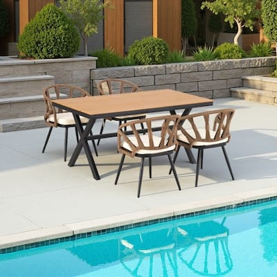5-Piece Outdoor Dining Set with PE Rattan Chairs and Plastic Wood Table
