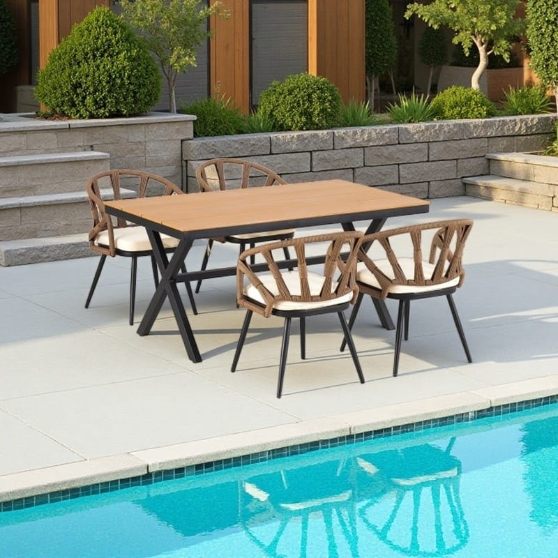5-Piece Outdoor Dining Set with PE Rattan Chairs and Plastic Wood Table