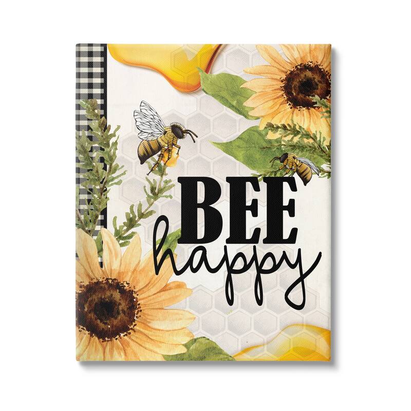Stupell Bee Happy Sunflower Insect Hive Harvesting Honey Canvas Wall Art - Yellow - 30 x 40