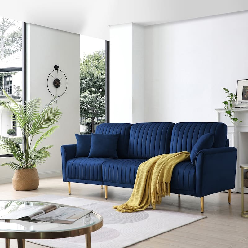 3-Seat Sofa Velvet Upholstered Living Room Tufted Back Couch Sofa with Reversible Cushions and Metal Legs, Includes Pillows