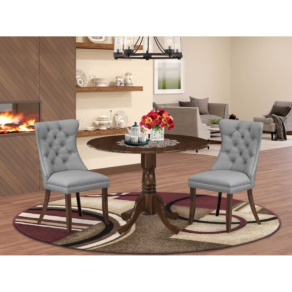 3-Piece Antique Walnut Finish Solid Wood Top-Round Upholstered Dining Room Set -Seats 4