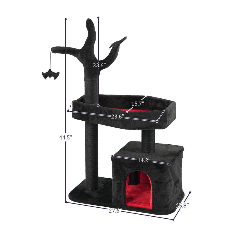 44" Gothic Cat Tree Tower with Condo, Coffin, Scratching Posts & Toys - 26.8 x 15.7 x 44.5 In