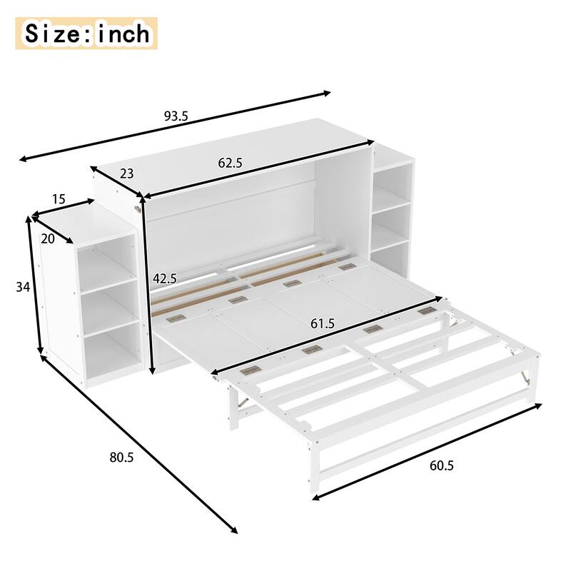 Queen Murphy Bed with Storage Drawers & Shelves for Guest Room