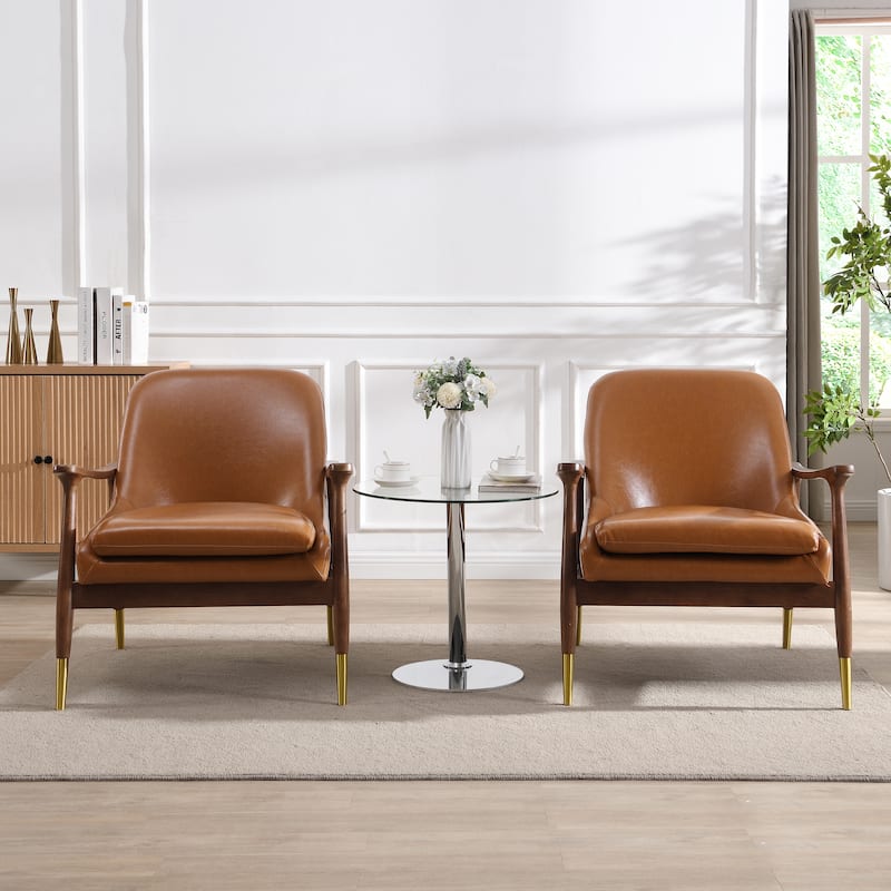 Roomfitters Mid-Century Faux Leather Accent Chair with Cushioned Seat, Solid Wood Frame and Brass-Tipped Legs
