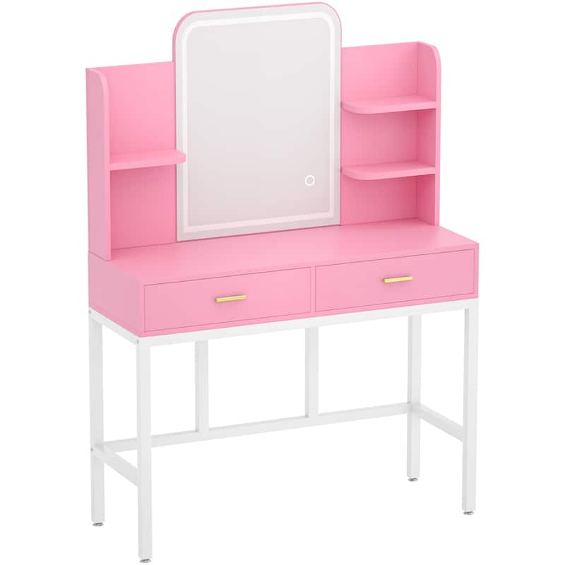Vanity Table with LED Mirror, Kid's Makeup Vanity Desk with 2 Storage Drawers