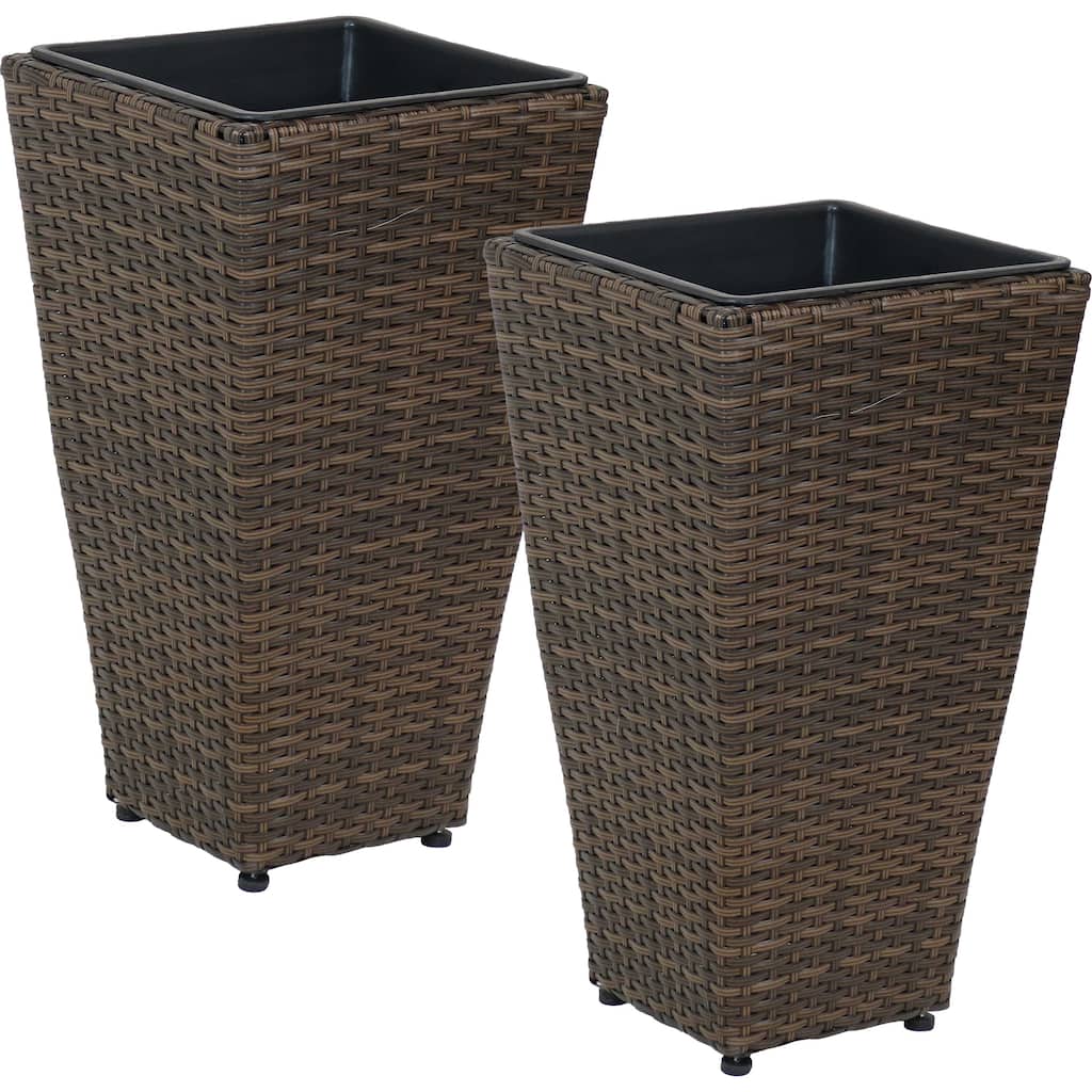 Sunnydaze Tall Square Brown Polyrattan Planter - 20-Inch - Set of 2 - 20-Inch Tall