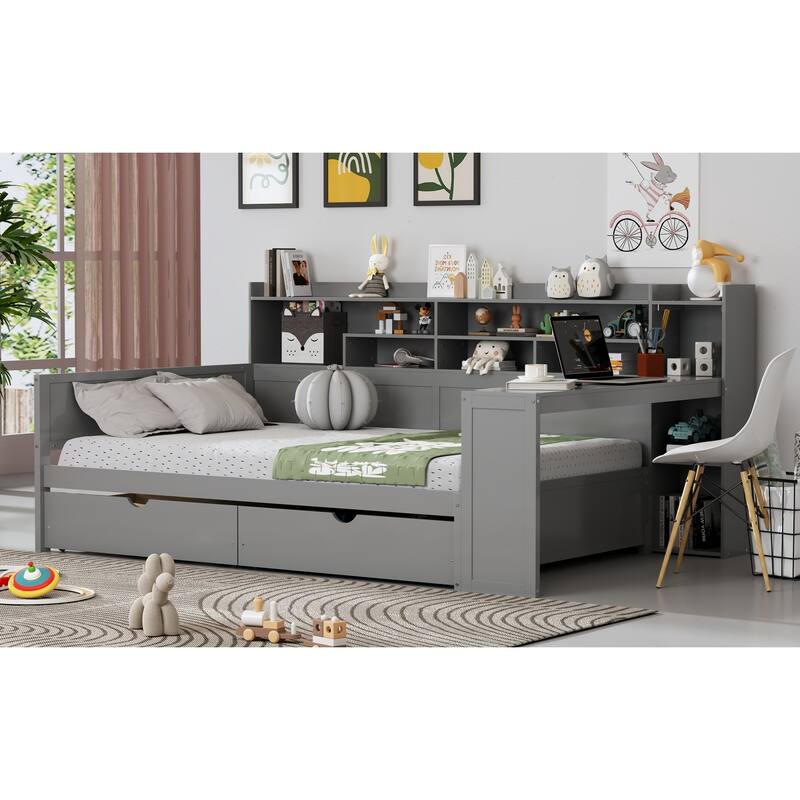 Wooden Full Size Daybed with Storage Shelves, Multi-functional Bed with Two Storage Drawers and Study Desk