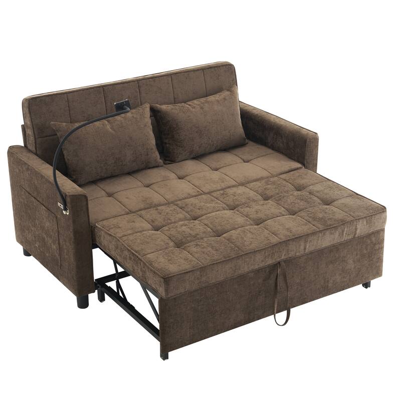 Roomfitters Loveseat Pull-Out Sofa Bed with Reversible Backrest Cushion, Side Pockets, USB Ports, and Phone Holder