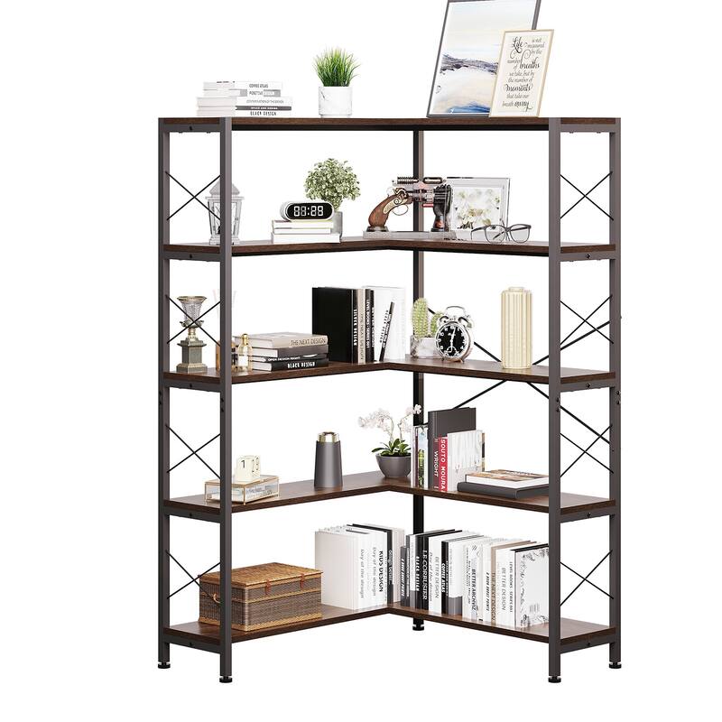 Large Size 5/6-Shelf Corner Bookshelf, Vintage Industrial Corner Bookshelf Etagere Bookcase