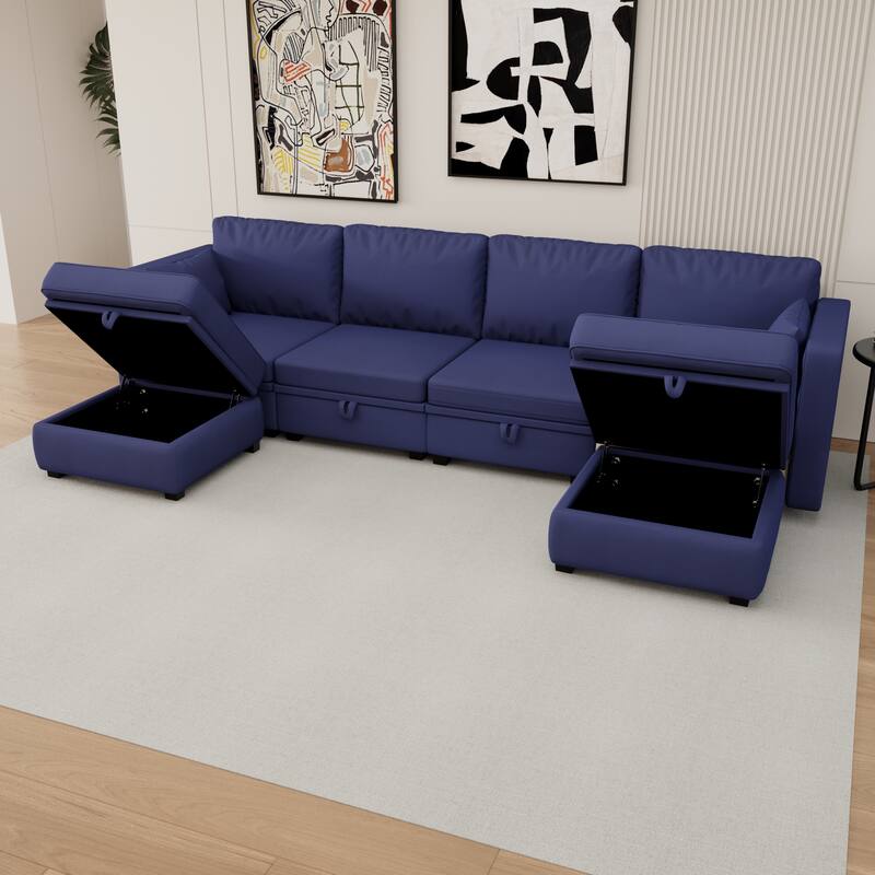 6-Seat U-Shaped Modular Reversible Sectional Sofa with Storage Ottoman