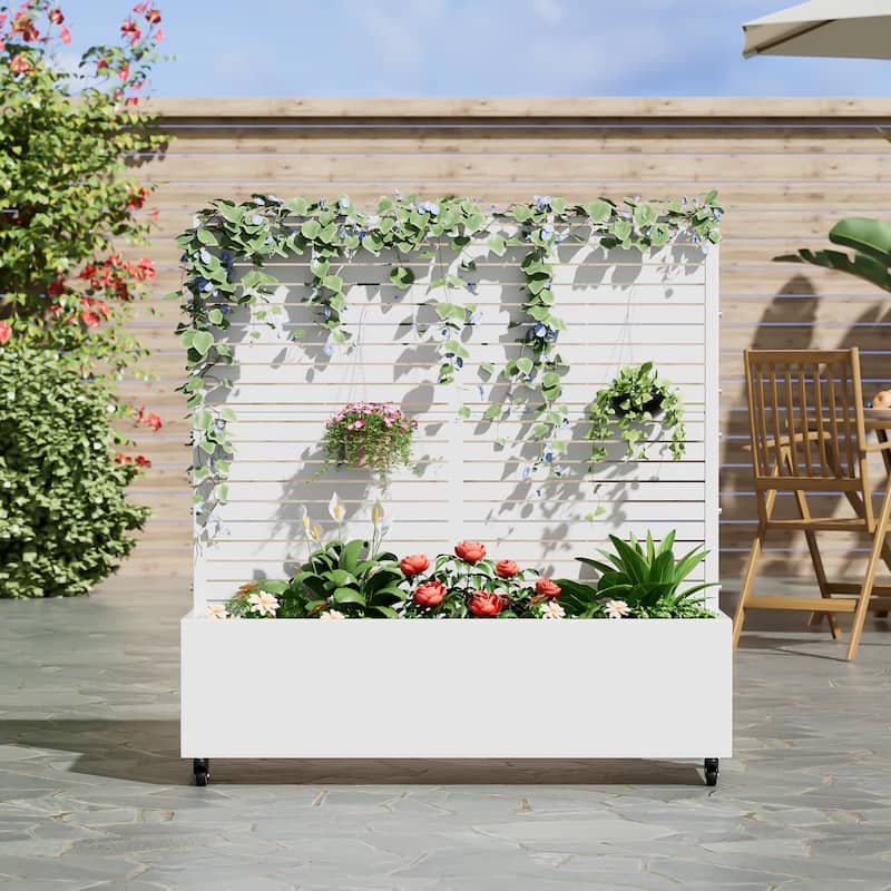 Metal Movable Planter Box with Trellis Privacy Screen Planter Box with Lockable Wheels - 47"x47" - White