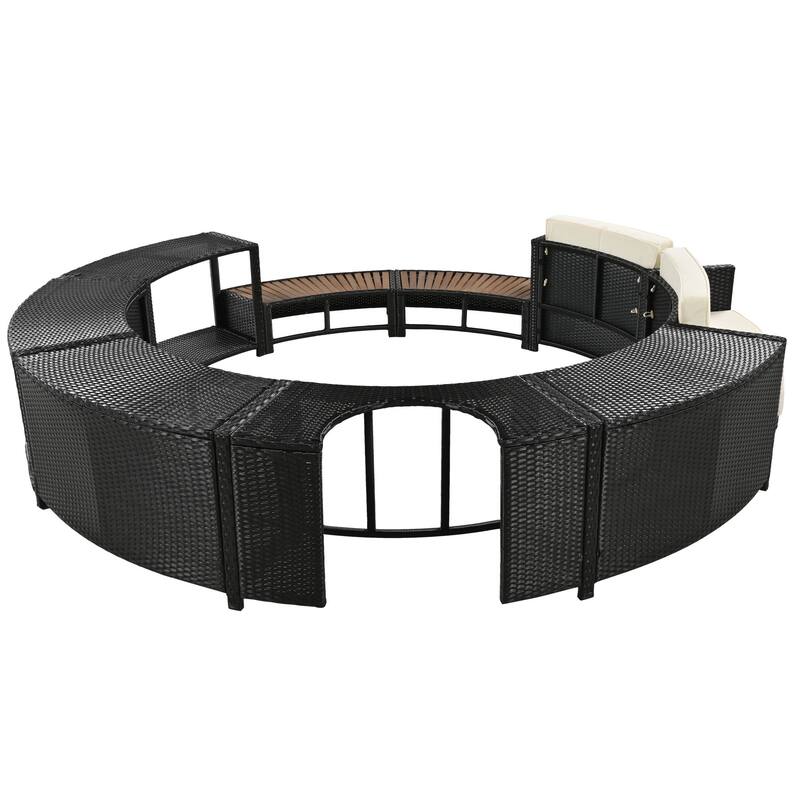 Outdoor Patio Rattan Spa Surround Frame Sofa Set with Storage Spaces, Bench and Cushions