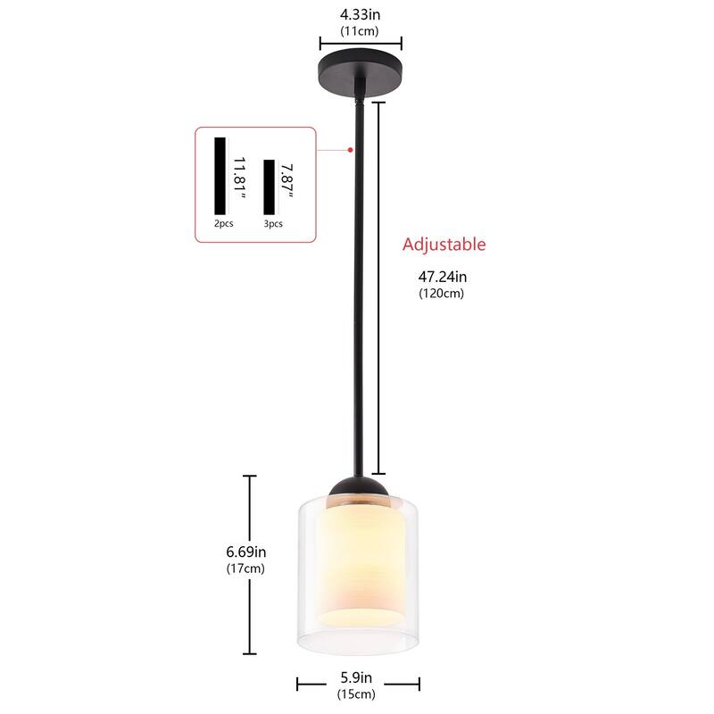 Modern 1-Light Pendant with Cylinder Clear Glass Shade Outer and White Shade Inerior