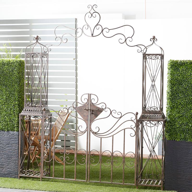 Black Metal Indoor Outdoor Scrollwork Arched Gate Garden Arbor with Pillars and Latch Lock Closure - Black