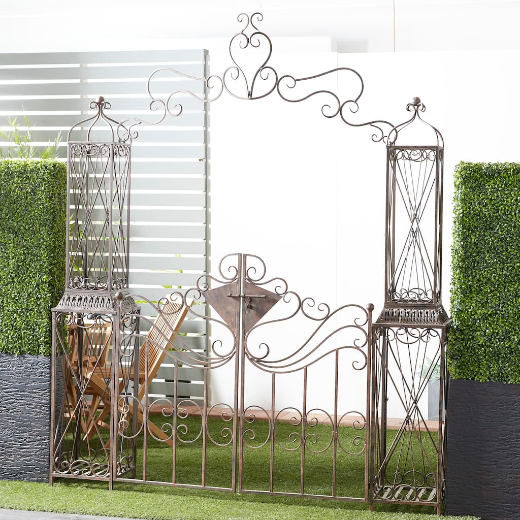 Black Metal Indoor Outdoor Scrollwork Arched Gate Garden Arbor with Pillars and Latch Lock Closure