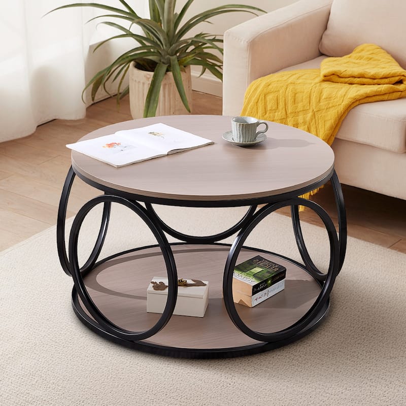 2-Tier Round Industrial Coffee Table with Metal Frame - 31.5"Dia x 18.7"H
