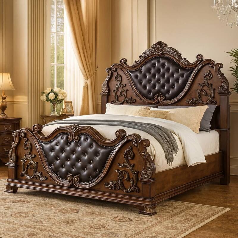 Prio King Bed w Carved Details, Brown Button Tufted Faux Leather, Brown