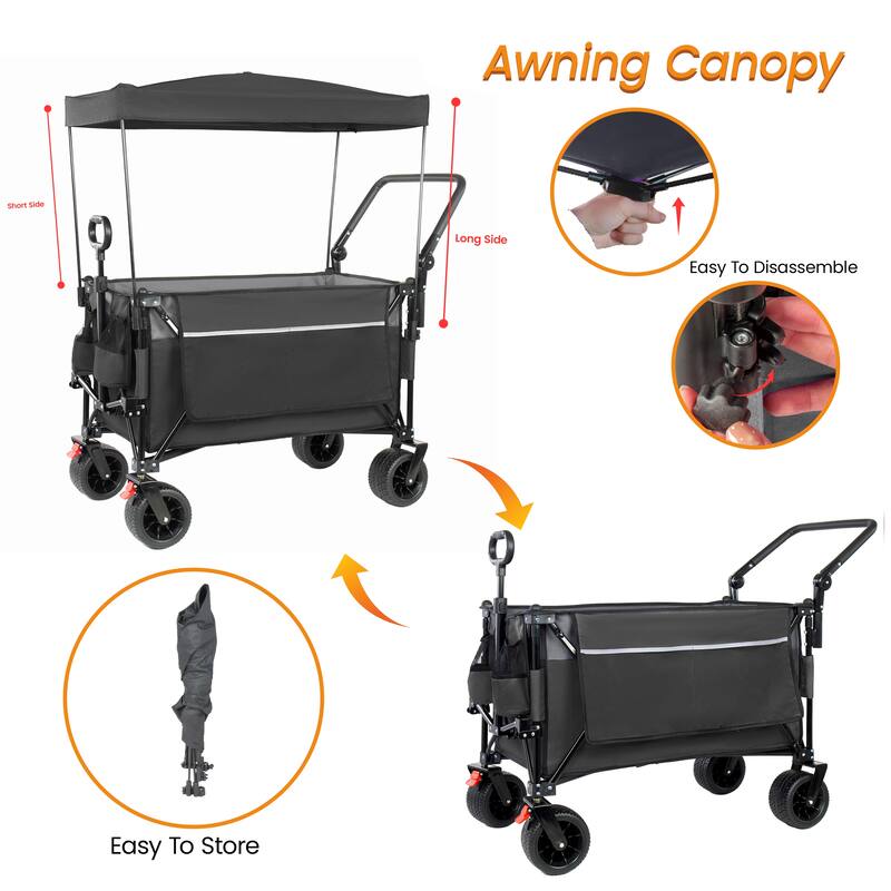 Multi-Functional Push-Pull Folding Wagon Cart with Rotating Handle & Canopy,7"x4"All-Terrain Wheels & Brakes,300L Large Capacity