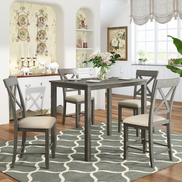 slide 1 of 9, Wood 5 Piece Counter Height Dining Table Set With 4 Upholstered Chairs, Gray