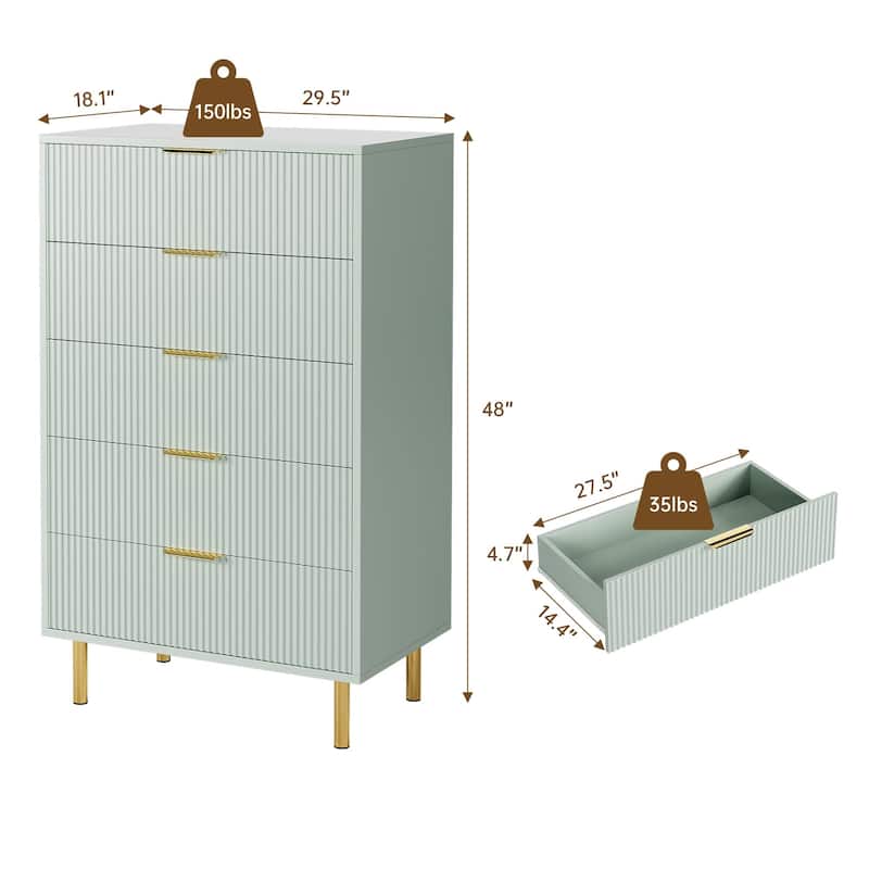 5 Drawer Dresser for Bedroom with Gold Handles, Modern Wooden Chest of Drawers