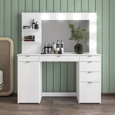 Polifurniture Olivia White Makeup Vanity with Lighted Mirror