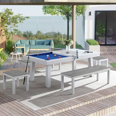 Laguna Indoor/Outdoor 7ft Slate Pool Table 6-Seater Dining Set with 4 Benches & Accessories, White Finish