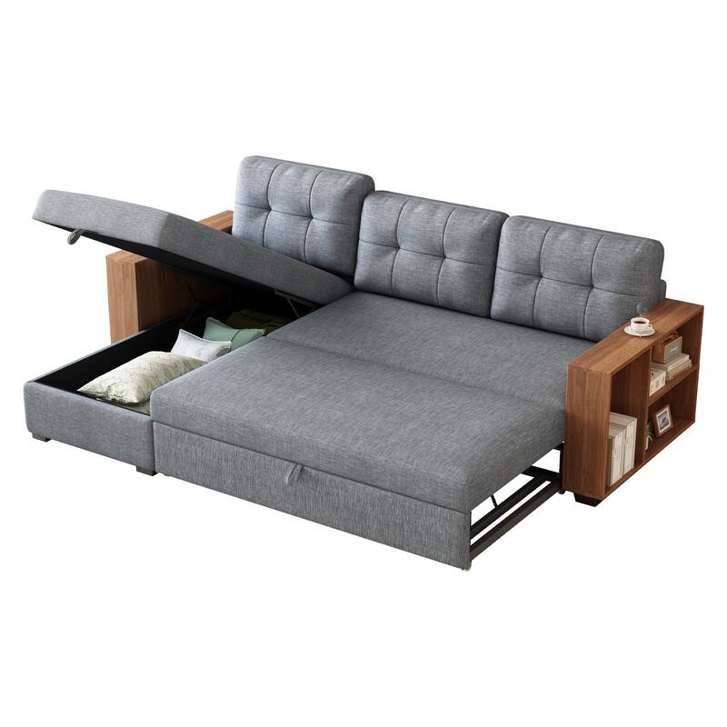 Upholstered Pull Out Sectional Sofa with Storage Chaise